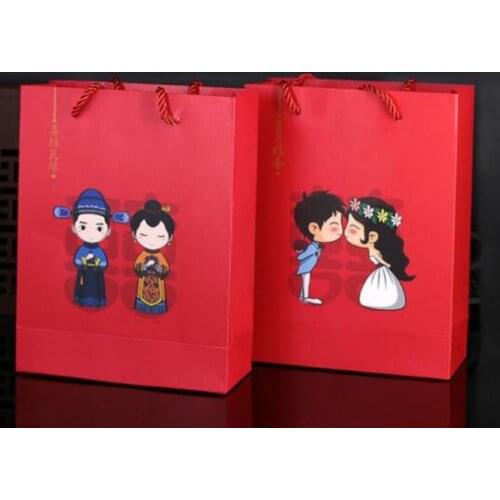 100pcs Chinese Traditional Red Double Happiness Cartoon Couple Lovers Wedding Gift Paper Bag Portable Candy Bags
