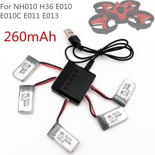 5PCS NH010 F36 H36 E010 E010C E011 E011C E013 3.7V 260MAH 45C Rechargeable Lipo Battery USB Charger Sets For RC Quadcopter