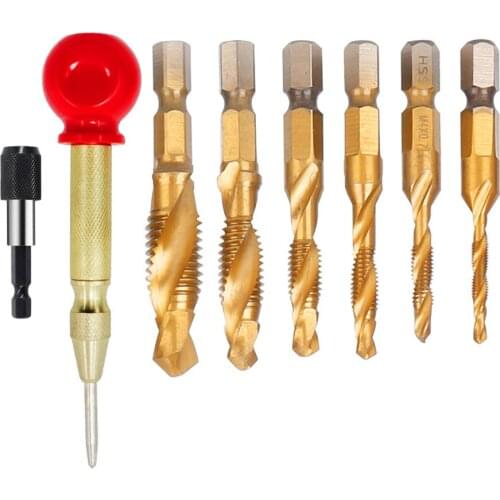 8PCS/Lots M3-M10 Screw Tap Drill Bits HSS Taps Woodworking Metric Combination Bit Titanium 1/4" IN Quick Change Hex Center