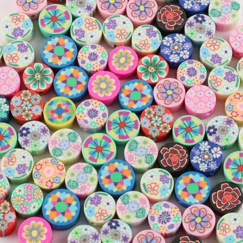 50pcs 10mm Polymer Clay Flower Pattern Printing Beads Round Loose Beads Mix Colors for Make Jewelry