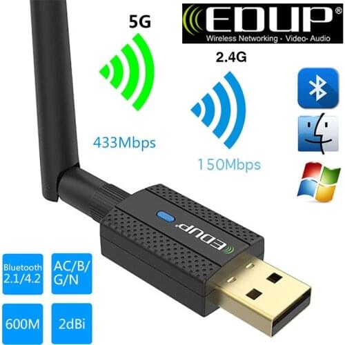 EDUP 600M USB 2.0 5.8G Dual Band Network AC600 2.4G WiFi Adapter 2 in 1 600Mbps Wireless Bluetooth 4.2
