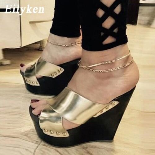 Eilyken New Golden PU Leather Open Toe Platform Slippers Women 2021 Fashion Wedge Sandals Woman Shoes High Heels Size 35-42