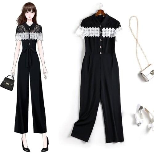 4XL 5XL 2020 summer women plus size jumpsuit lace patchwork turn down collar black bodysuit OL elegant rompers jc86
