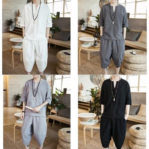 Autumn Chinese Style Men Shirt+trousers Set Traditional Costumes Tang Suit V-neck Loose T-shirt Tees Wide Leg Jogger Pants