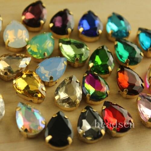 20pcs 10x14mm teardrop shiny Crystals Sew On stones with Gold copper claw rhinestones colors link1 diy for dress/bags