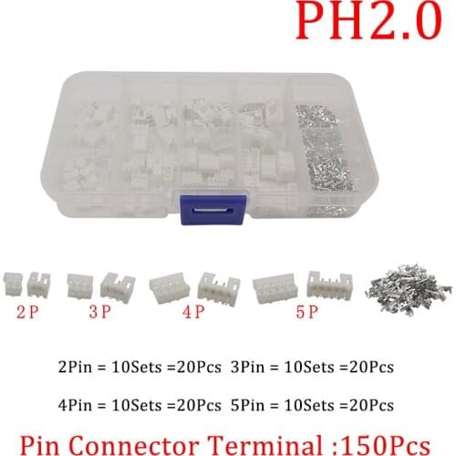 230pcs PH2.0 2pin 3pin 4pin 5pin 2.54mm Pitch Terminal Kit / Housing / Pin Header JST Connector Wire Connectors Adaptor PH Kits