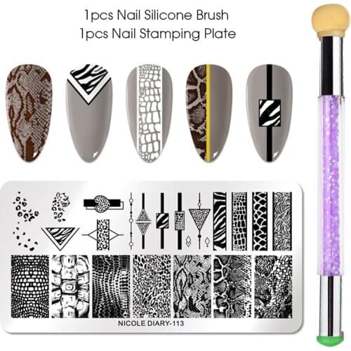 NICOLE DIARY Snowflakes Flower Set Nail Art Stamping Plates Silicone Stamper Brush Puppet Wolf Music Stamp Template Stencil Kit