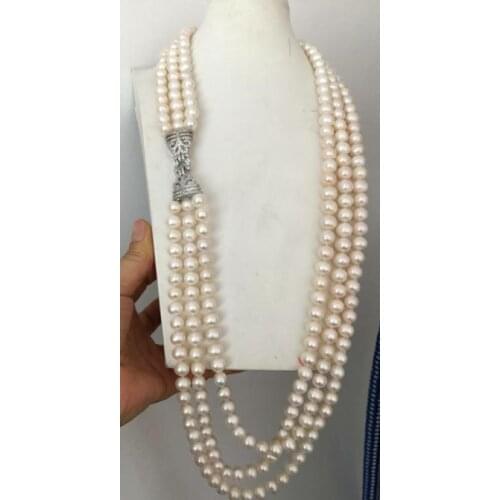 Triple strands 9-10mm south sea round white pearl necklace 30-32inch