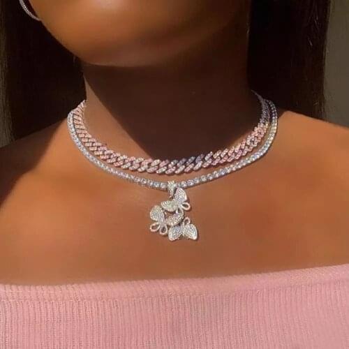 New Shiny Iced Out Rhinestone 3 Butterfly Pendant Necklaces for Women Bling Crystal Tennis Chain Necklace Fashion Jewelry Gift