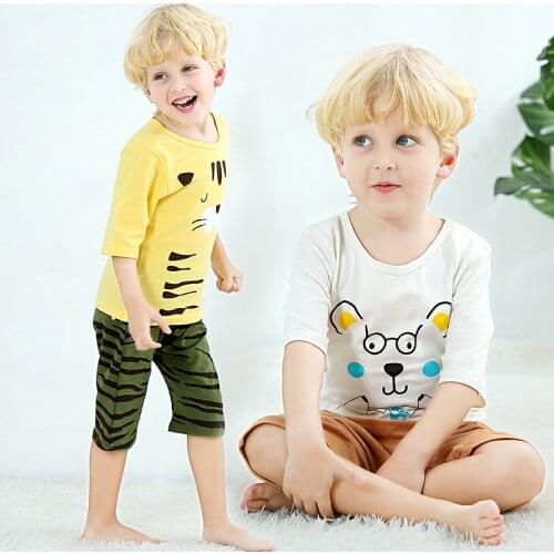 Summer Baby Girl Pajamas Cute Cartoon Tiger Half Sleeve Pajamas Set Pyjamas Kids 100% Cotton Pijama Girls Boys Homewear Clothes