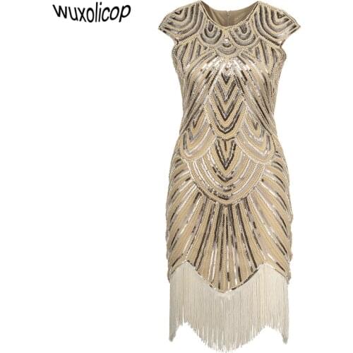 Art Deco Great Gatsby Dress O-Neck Cap Sleeve Vintage Sequin Bead Tassel 1920s Flapper Dress Roaring 20s Party Costumes
