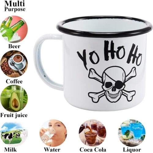 Simple Black Edge Enameled Cup, Milk Mug with Skull Pattern, Home and Office Coffee Cup