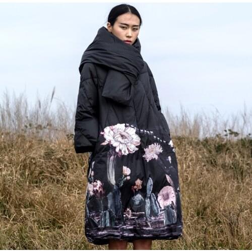 7XL plus size oversized down coat winter thicker warm hooded duck down coat female fashion printed longer down outerwear F114