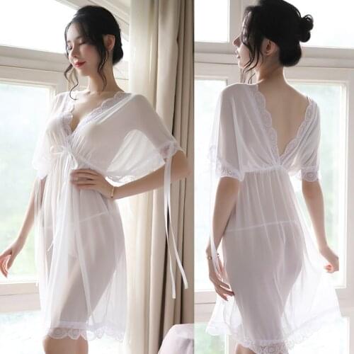 Sexy pajamas transparent mesh ladies summer mood dress deep V loose large size perspective fun sleeping skirt
