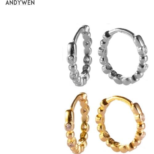 ANDYWEN 925 Sterling Silver 7.7mm Beads Huggies Earring Hoops Mini Circle Small Round Luxury Women Crystal CZ Zircon Jewelry