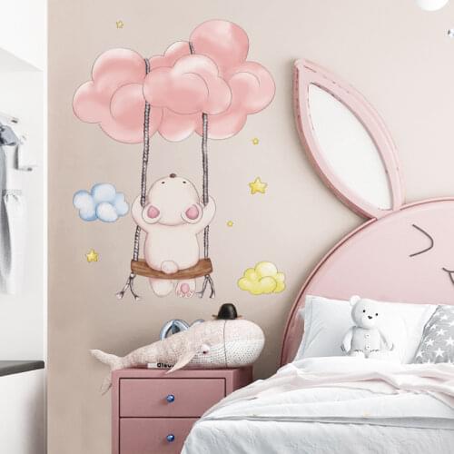 [shijuekongjian] Bear Swing Wall Stickers DIY Cartoon Clouds Wall Decals for Kids Rooms Baby Bedroom Nursery Home Decoration