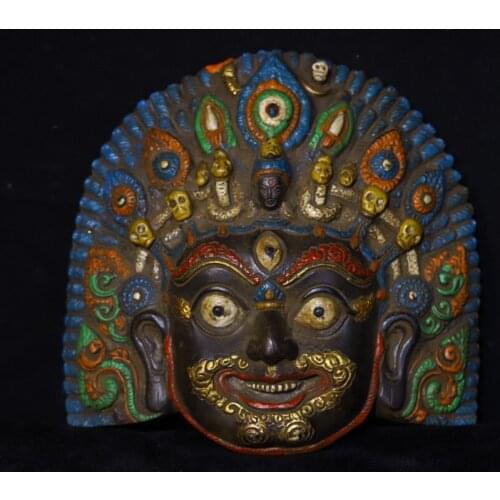 7"Tibetan temple Old Bronze Tracing Three-sided Mahakala head Skull head statue mask Tag Town House Exorcism