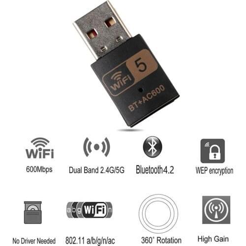 600Mbps USB WiFi Bluetooth-compatible Adapter Dual Band 2.4/5.0Ghz Wireless External Receiver Mini WiFi Dongle for PC/Laptop