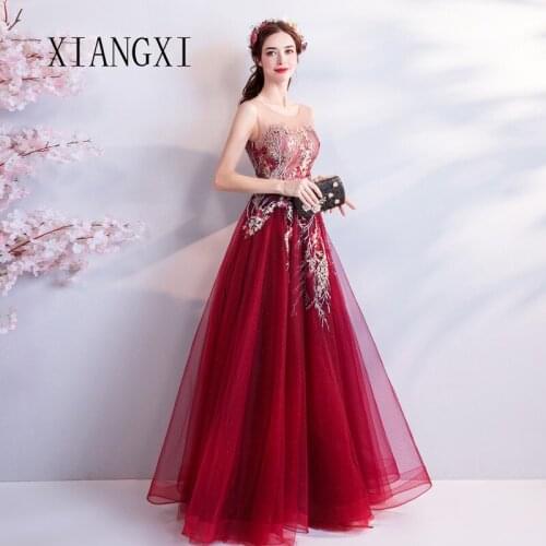 XIANGXI Burgundy Evening Dresses Long Sheers A-Line Sleeveless Lace Appliques Beaded Floor Length Evening Gowns Party Dresses