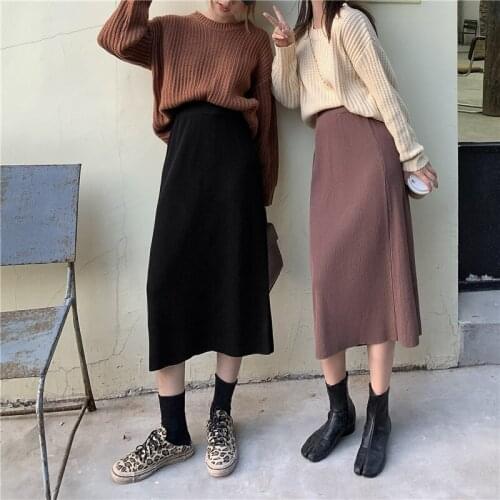 Womens Vintage Clothes Long Skirts Black Harajuku High Waist Streetwear 2021 fall winter Fashion Elastic Preppy Style Midi Skirt