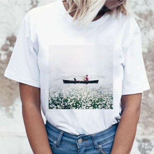 Boat In The Sea Of Flowers Print T-shirt Women 2020 New Summer Fashion Korea Tshirt Harajuku Aesthetic White Tops Female T Shirt