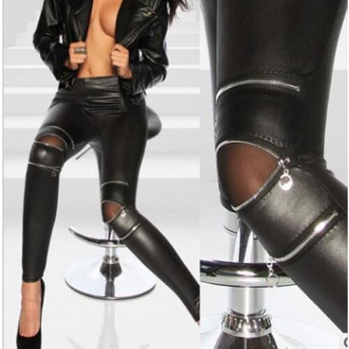 Women Sexy Faux Leather gothic Leggings Black Slim Stretchy Leggins High-elastic Knee Three Zipper Sexy Leather Women Leggins