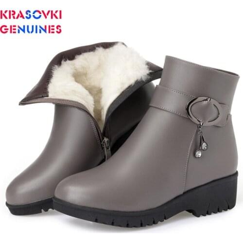 Krasovki Genuines Wool Women Snow Boots Warm Genuine Leather Fur Warm Shoes Plush Ankle Boots Platform for Women Winter Boots