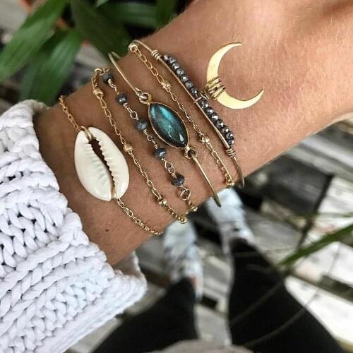 6 Pcs/set Shell Beads Stone Gem Moon Horn Bracelets for Women Gold Charm Bracelet Bangle Jewelry Pulseras Mujer Bijoux Femme