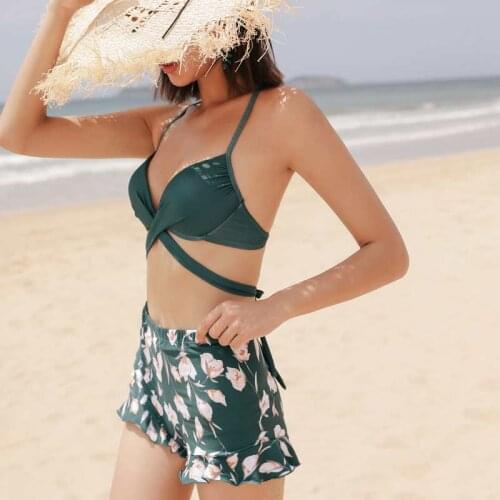 Halter Swimsuit Woman 2019 Cover Up Green Floral Tankini Bikini Swimwear Female Bathing Suit Swimwear Beachwear Swimming suit