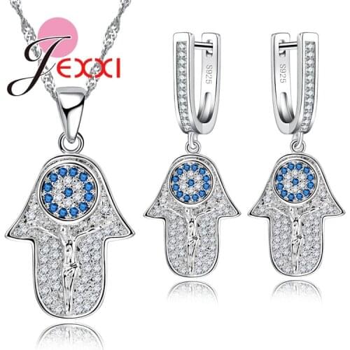 Jesus and Blue Evil Eye Jewelry Sets 925 Sterling Silver with AAA Zircon Necklace Earrings Chain for Women Girls Gift