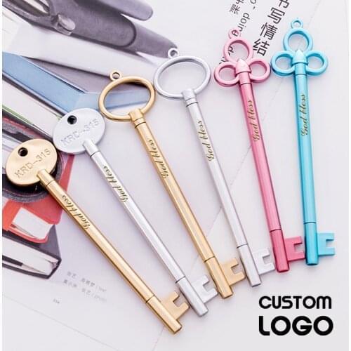 10pcs Customized LOGO Signature Pen Creative Retro Key Styling Gel Pen School Supplies Stationery Cute Gift Pen Laser Lettering