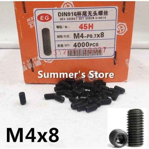 100pcs/lot DIN916 M4*8mm Alloy Steel Hex Socket Head Set Screw M4*8mm Grub Screw black finished screw bolt Grade 12.9