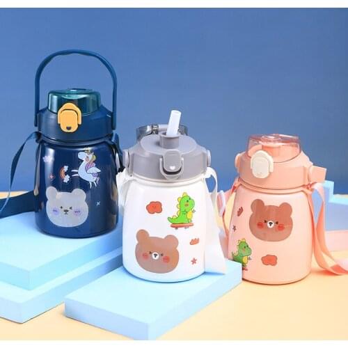 1000ml 304 Stainless steel Outdoor Thermos water cup Cute Kids Tumbler With Straw Straps Handles Portable Thermos Cup For Girl