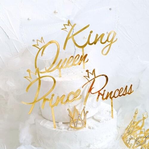 Acrylic Prince Princess Happy Birthday Cake Topper Gold Mirror King Queen Cupcake Topper For Birthday Party Cake Decorations