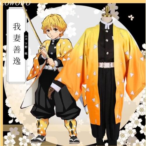 Anime!Demon Slayer:Kimetsu no Yaiba Agatsuma Zenitsu Combat Gear Uniform Cosplay Costume Halloween Outfit 2019 New Free Shipping