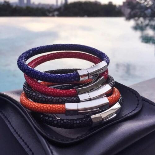 Luxury 5MM Stingray leather bracelet Silver Stainless Steel Buckle Bangles for women Men Jewelry gift