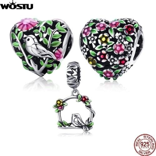 WOSTU Hot Sale Real 925 Sterling Silver Bird in the Woods Charm fit Beads Bracelet Fashion Original DIY Jewelry Gift