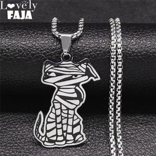 Stainless Steel Egyptian Mummy Cat Necklace Pendant for Women/Men Black Silver Color Chain Necklaces Jewelry collier N3642S03