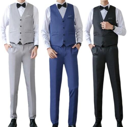 Business Suit Set V Neck Formal Men Solid Color Buttons Vest Shirt Pants for Wedding