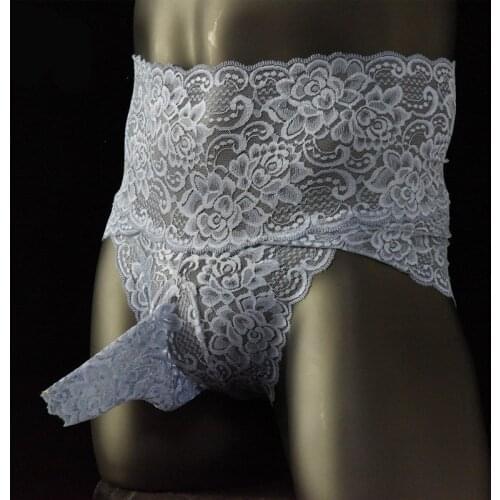 Mens High Waist Lace Sexy Underwear Transparent Hot Floral Lingerie Sissy Porno Panties Semi Bikini G-string Briefs Gay Exotic