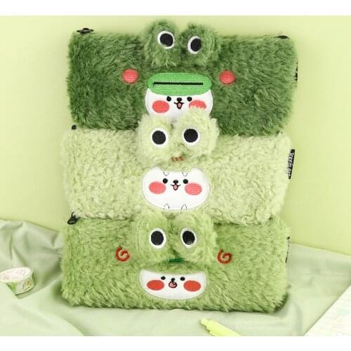 Kawaii Frog Lambswool Pencil Bag Girl Cute Plush Cartoon Student Stationery Cute School Supplies Cute Bag Back To School