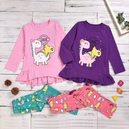 Girls Clothing Set Cartoon Print Round Neck Long Sleeve Shirt Top and Floral Pants Two-piece Suit