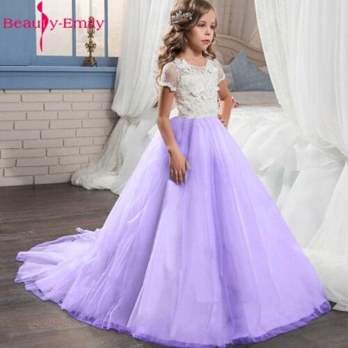 Beauty Emily Charming Lace Flower Girl Dresses for Weddings 2019 New Arrival O Neck Short Sleeve Ball Gown Communion Dresses