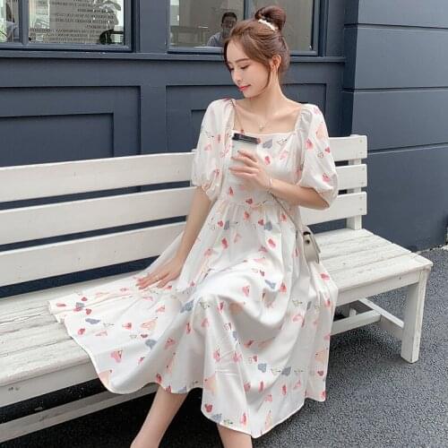 Pregnant Women Summer Dress Fashion Loose Square Collar High Waist Short Sleeve Maternity Print Dress Elegant Pregnancy Clothes