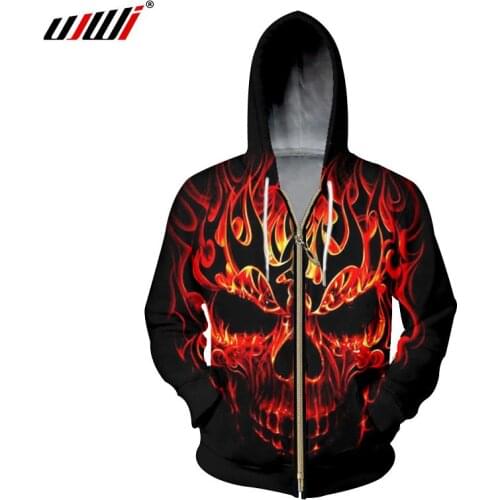 UJWI Mens 3d Zipper Hoodies Print Red Fire Skull Sweatshirt Hoodie Man Long Sleeve Hooded Hoodies Cardigan Jackets Unisex 6XL