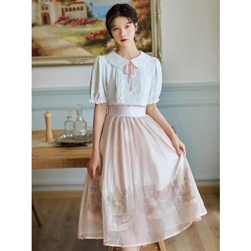 Summer New Style Japanese Womens Doll Collar Puff Sleeve Lace Suit Dress Navy Style Girl Mesh Mid-Length Dress Two-Piece