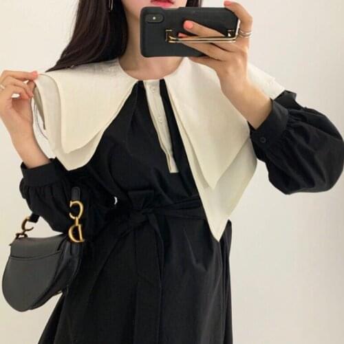Herstory Lantern Long Sleeve Dress Woman 2021 Autumn Fashionable Waist Irregular Lapel Ruffles Loose Black Dress jurk