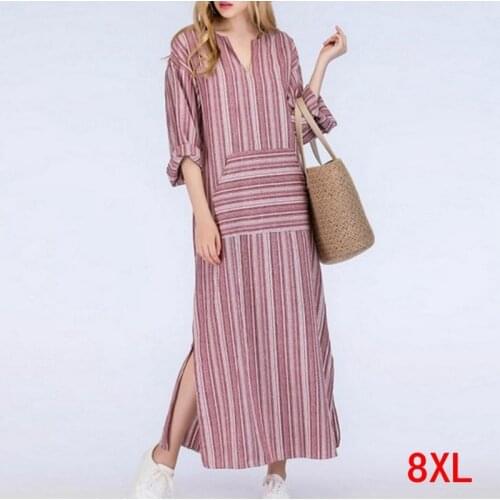 Large size womens dress cotton and linen pocket plus size 5XL 6XL 7XL 8XL summer V-neck long-sleeved loose red striped dress
