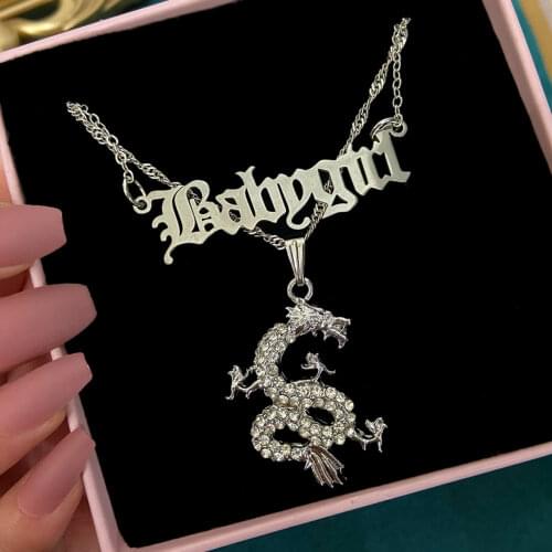 JUST FEEL Vintage Silver Color Babygirl Letter Pendant Necklace Punk Crystal Dragon Butterfly Choker Necklace For Women Jewelry