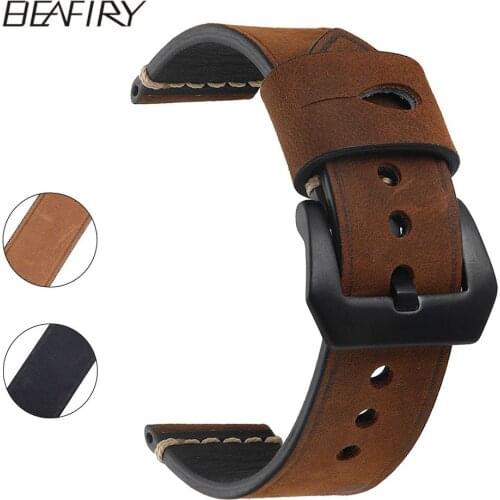 BEAFIRY Genuine Leather Watch Band 20 22 24mm Dark Brown Light Brown Grey Crazy Horse Calfskin Leather Watch Straps